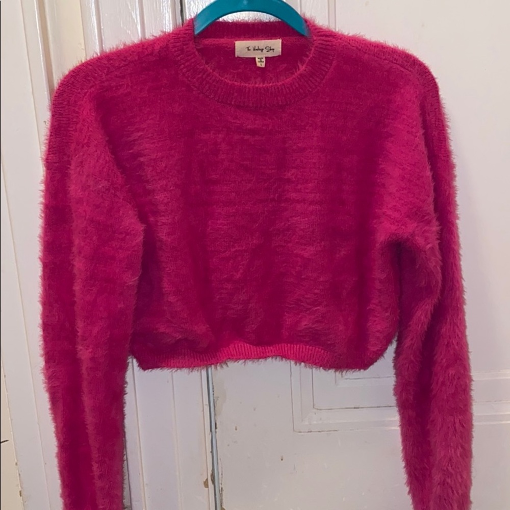 THE VINTAGE SHOP Fuzzy Pink Long Sleeve Crop Top S